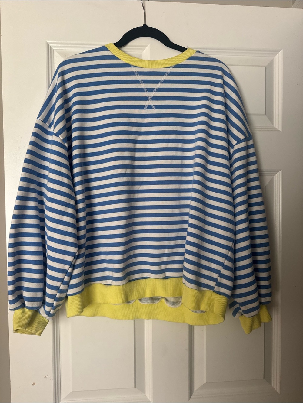 Striped Blue and White Crewneck Sweater with Yellow Trim